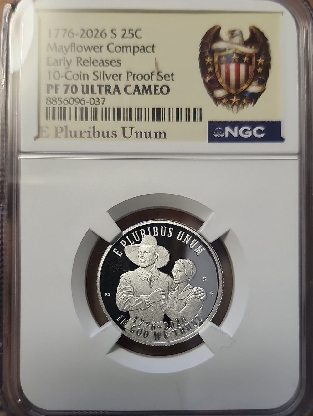 Graded PF70 Ultra Cameo 1776-2026 Mayflower Compact Silver Proof Quarter -